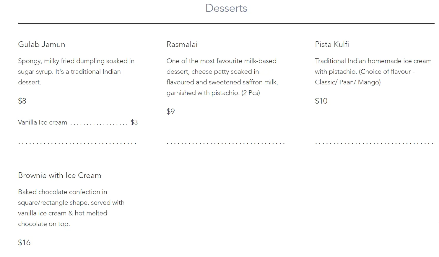 ANGLO INDIAN DESSERTS MENU PRICES