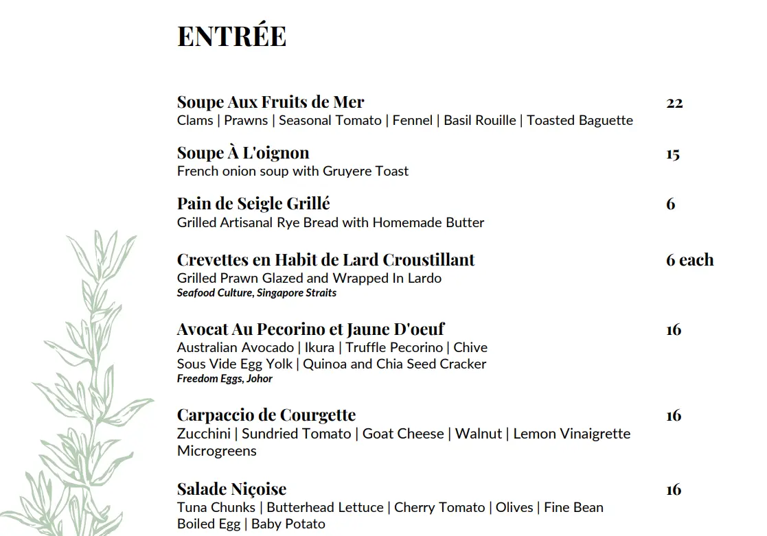 THE SUMMERHOUSE ENTREE MENU PRICES 2024