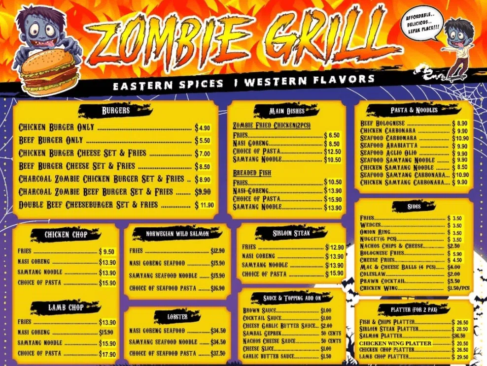 Zombie Grill Burgers Menu 2024
