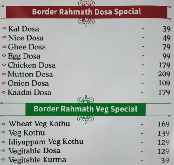 Border Rahmath Dosa & Veg Menu 2024