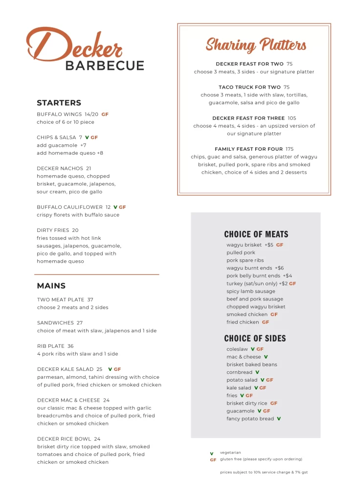 Decker Barbecue Starters And Mains Menu 2024