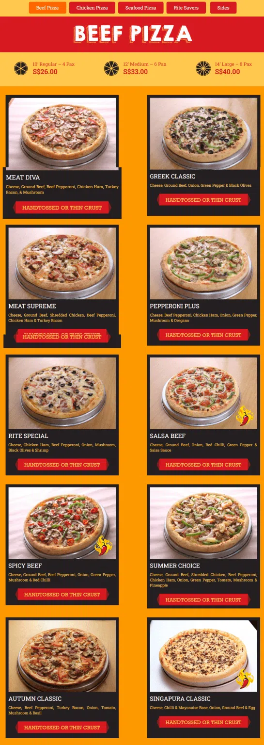Rite Pizza Singapore Beef Pizza Menu 2024