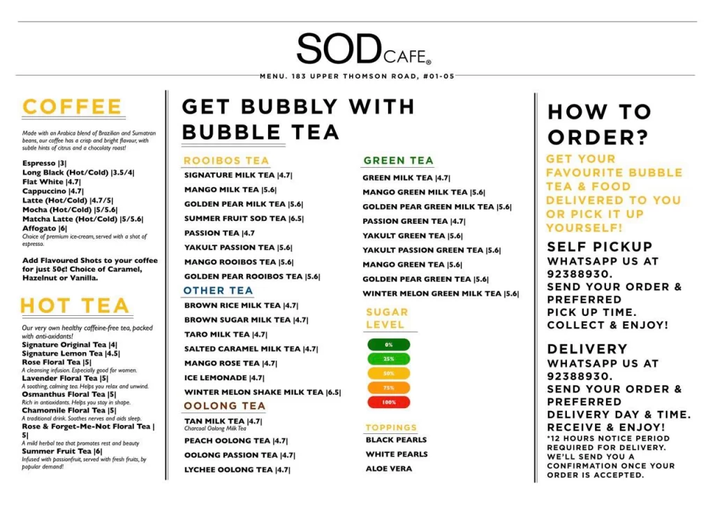 SOD Cafe Singapore Hot Tea Menu Price 2024