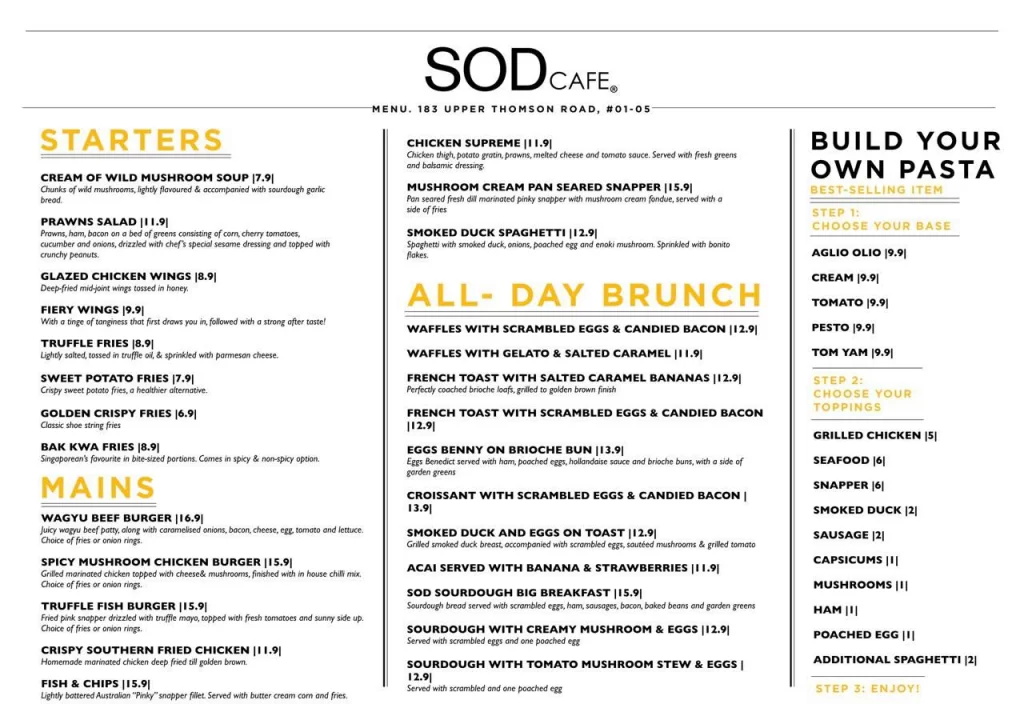 SOD Cafe Singapore Menu – All Day Brunch 2024
