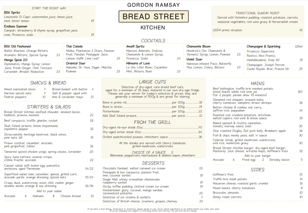 Bread Street Kitchen A La Carte Menu 2024