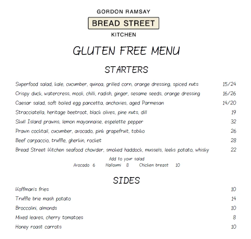 Bread Street Kitchen Gluten Free Menu with Prices 2024