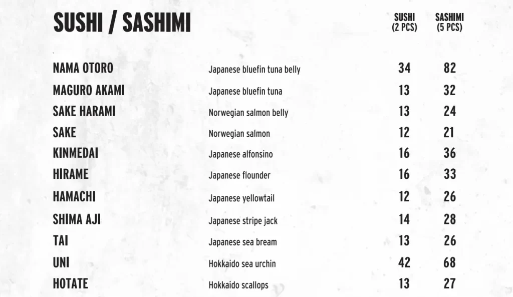 KINKI SUSHI & SASHIMI MENU WITH PRICES 2024