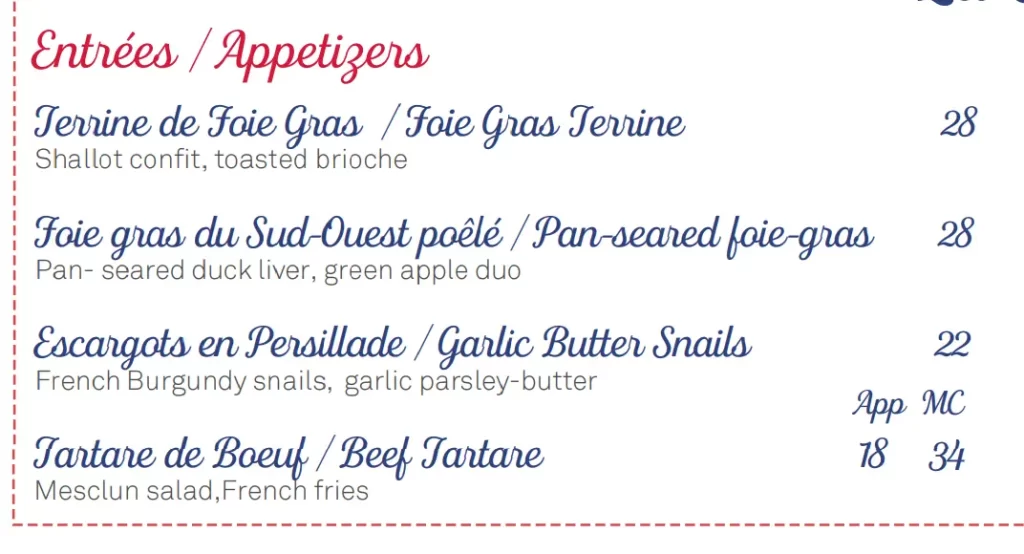 SO FRANCE APPETIZERS MENU PRICES 2024