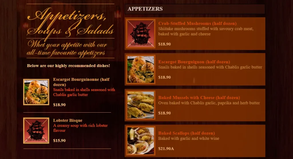 The Ship Restaurant Appetizers Menu 2024