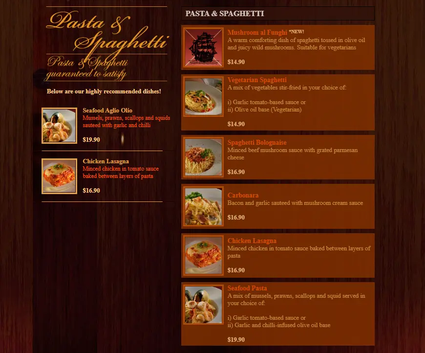 The Ship Restaurant Pasta And Spaghetti Menu 2024