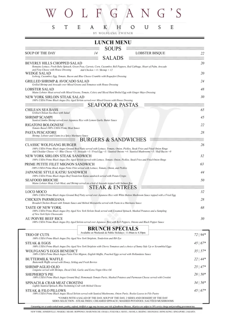 Wolfgang Steakhouse Lunch Menu Prices 2024