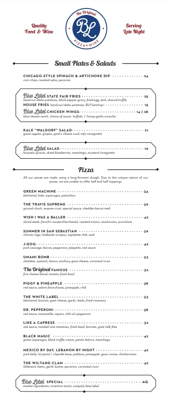 BLUE LABEL PIZZA AND WINE BEER MENU PRICES 2024