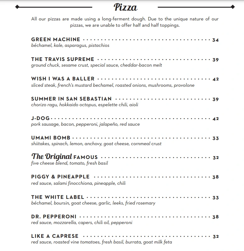 BLUE LABEL PIZZA AND WINE PIZZAS MENU PRICES 2024