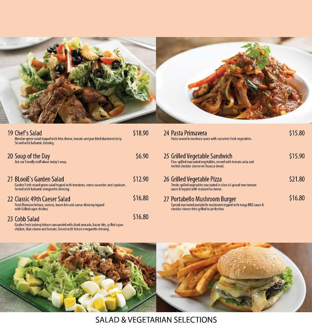 BLOOIE’S ROADHOUSE SALADS & VEGETARIAN SELECTIONS MENU PRICES 2024