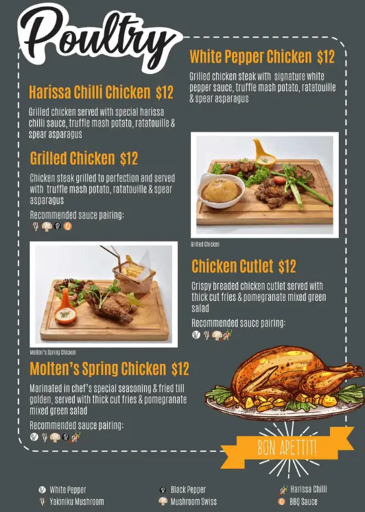 MOLTEN DINERS POULTRY MENU PRICE 2024