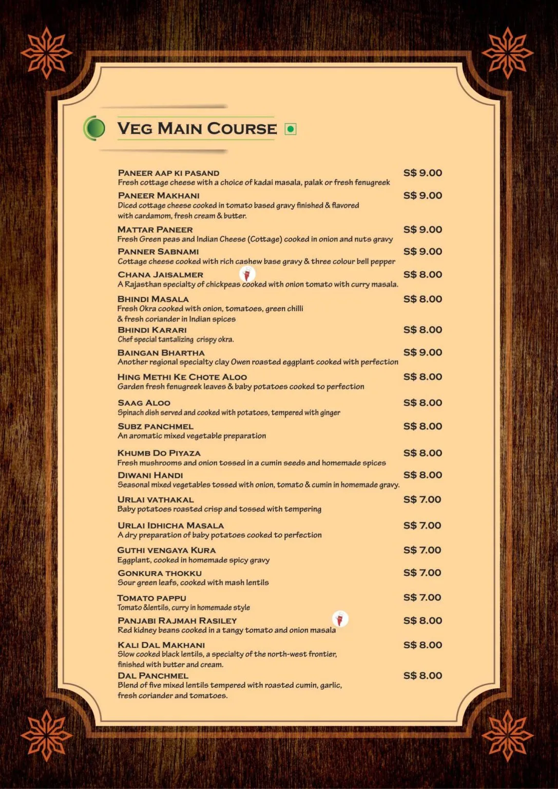 Nandhana’s Restaurant Veg Main Course Menu 2024