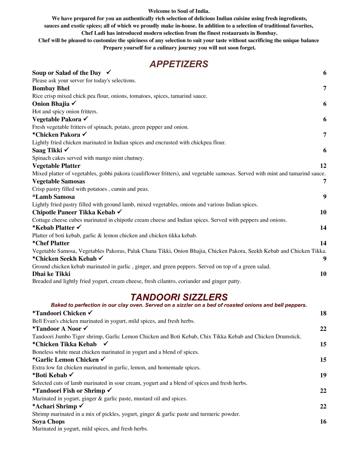Soul Of India Appetizers And Sizzlers Menu 2024