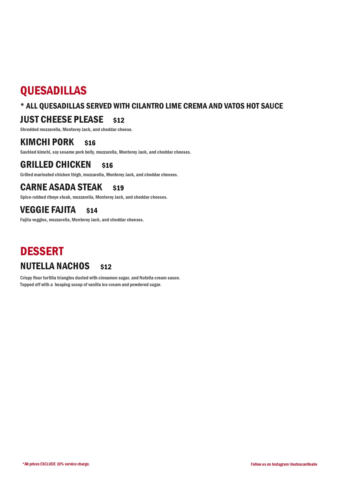 Vatos Urban Tacos Quesadillas And Desserts Menu 2024